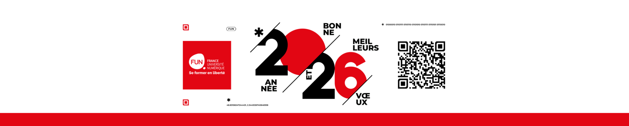 Bannière de bonne année 2026 comportant le logo FUN en blanc sur un carré rouge, le titre Meilliers voeux et bonne année et un QR code qui renvoi sur le site web FUN. L'ensemble des éléménets es t en noir et rouge sur un fond blanc.