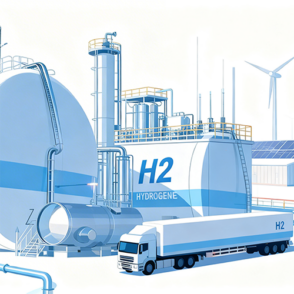 Illustration bleus et blancs représentant un site de stockage d'hydrogène. On y voit de grandes cuves, des tuyauteries complexes et un camion-citerne blanc au premier plan. À l'arrière-plan, des éoliennes et des panneaux solaires.